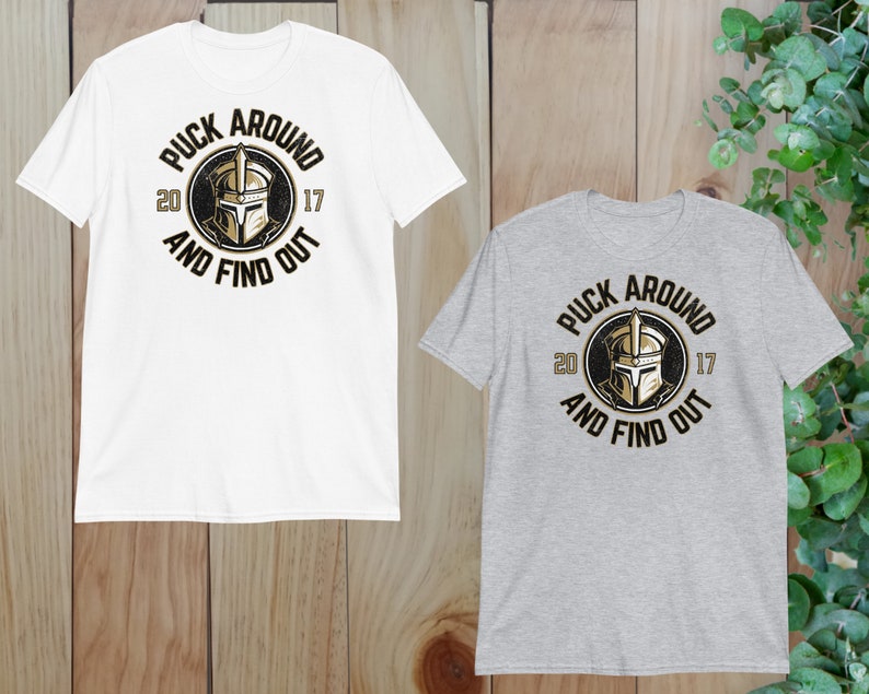 two t - shirts with the words buck around and find out on them
