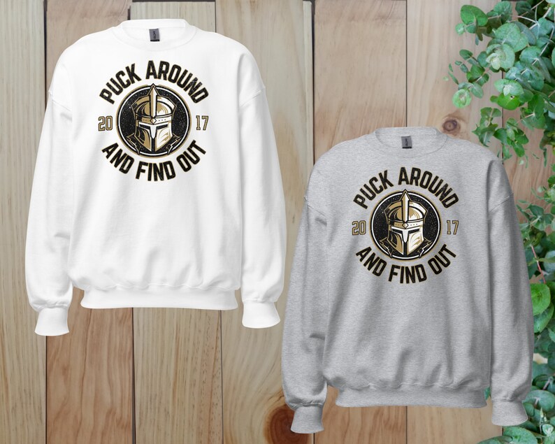 a pair of sweatshirts with the words pick around and find out
