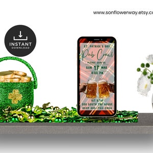 Invitación electrónica para teléfono móvil del Día de San Patricio animada digitalmente editable, invitación de rastreo de pubs, invitación digital de bar hop, invitación telefónica con plantilla de Canva