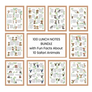 BUNDLE Notes de boîte à lunch imprimables : 10 faits amusants sur les animaux de safari 10 animaux, 10 cartes pour chaque animal, 100 cartes, notes d'amour pour vos enfantsLBN-001