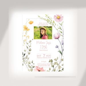 Twelfth Birthday, 12th Birthday Invite, Wildflower Invitation, Floral Editable Template, Flower Party Invite, Downloadable Printable Invite