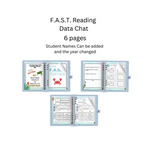 Może przedstawiać: Niebieski segregator z sześcioma stronami do śledzenia danych dotyczących czytania. Okładka przedstawia żółwia morskiego i kraba z tekstem "F.A.S.T. Reading Testing" i "Read Every Day Matters".