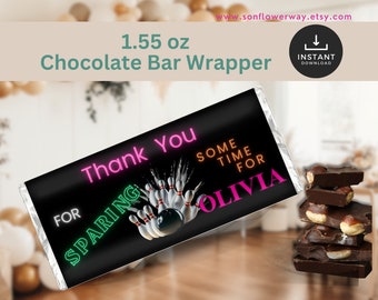 Neon Bowling Chocolate Bar Template, 1.55 oz Chocolate Bar Wrapper,  Themed Guest Party Favor, Birthday Party Food, Bowling Party Template