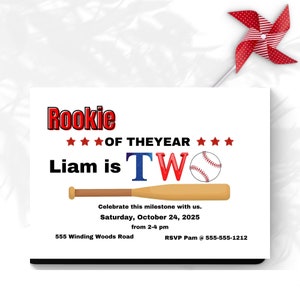 Rookie of the Year, Baseball, 2nd Birthday Invitation, Birthday Boy, Second Birthday Invite, Editable in Canva, Printable and Downloadable