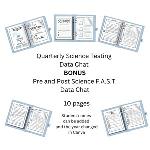 Może przedstawiać: Jasnoniebieski segregator ze stronami z napisami "Science" i "Testing Goals & Results 2013-2014". Widoczny jest również tekst "Quarterly Science Testing Data Chat" i "BONUS". Segregator zawiera 10 stron i można go dostosować w Canva.