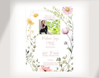 Soft and Feminine Fourteenth Birthday Wildflower Floral Invitation Template - Instant Download and Print Instructions Included - 14th b&#39;day