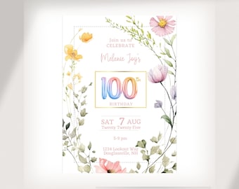 Customizable 100th Birthday Soft and Feminine Wildflower Invitation Template - Edit in Canva - Print Instructions Included - Floral Theme