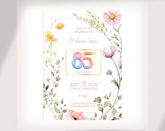 Customizable 85th Birthday Soft and Feminine Wildflower Invitation Template - Edit in Canva - Print Instructions Included - Floral Theme