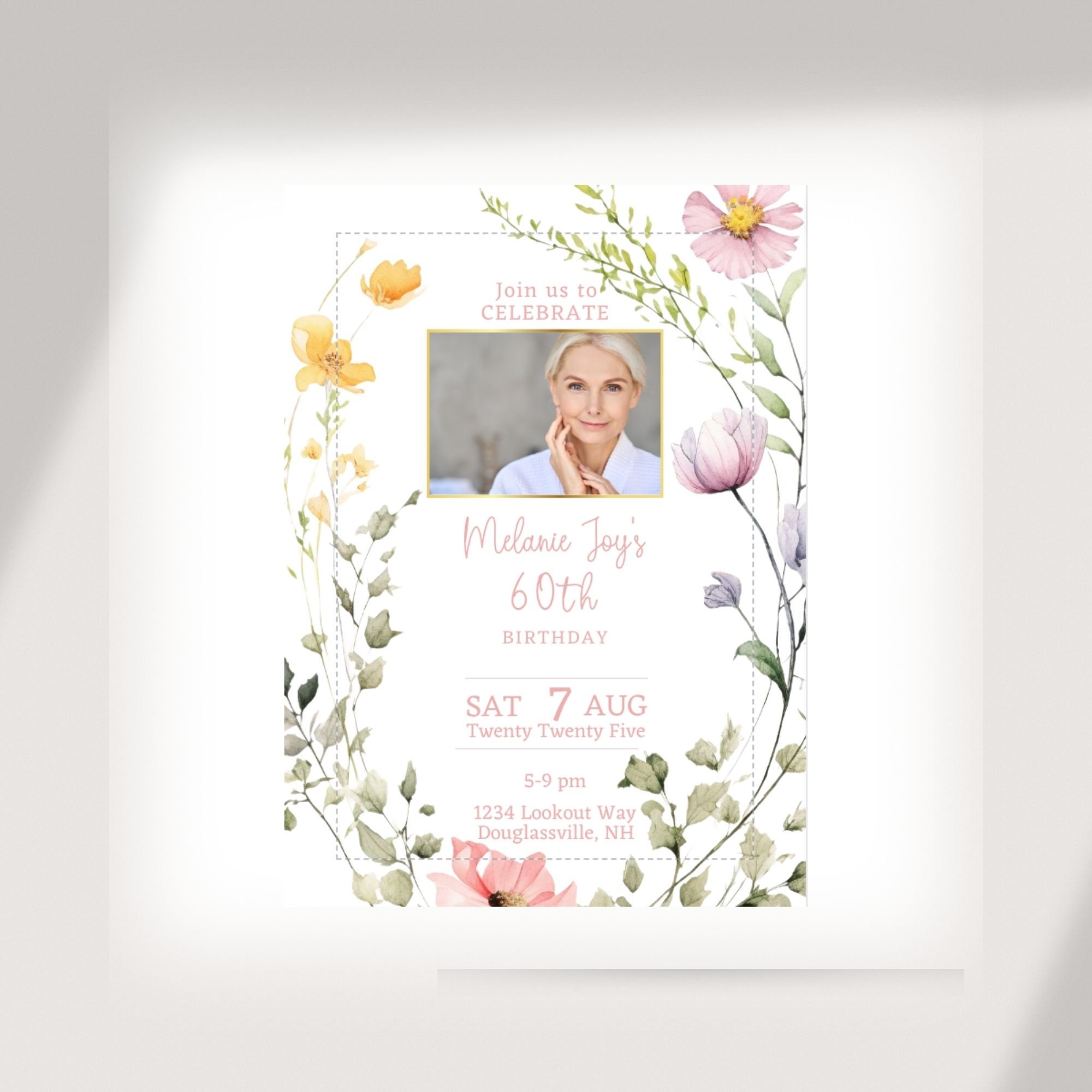 Customizable 60th Birthday Soft and Feminine Wildflower Invitation Template - Edit in Canva - Print Instructions Included - Floral Theme