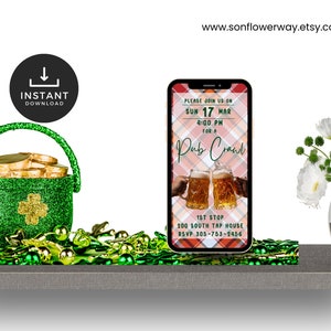 Invitación a Pub Crawl, invitación electrónica digital editable para teléfono móvil del Día de San Patricio, invitación digital de bar hop, invitación telefónica con plantilla de Canva