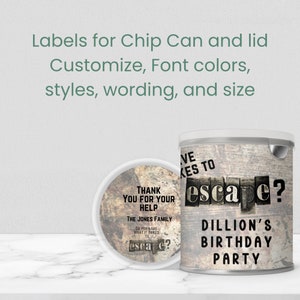 Editable Escape Room Chip Can Label and Lid Insert for 3.1 ounce can - Perfect for Party Favors - Customize in Canva then download and print