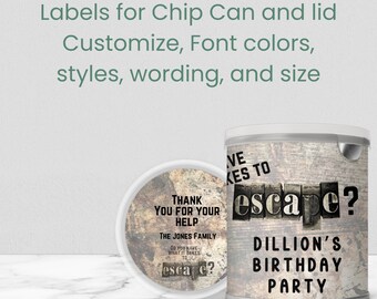 Editable Escape Room Chip Can Label and Lid Insert for 3.1 ounce can - Perfect for Party Favors - Customize in Canva then download and print