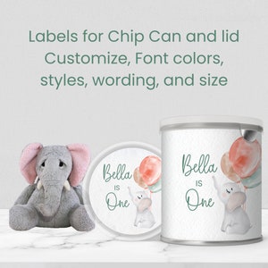 Editable Watercolor Elephant 3.1 Ounce Chip Can Label and Lid Insert - Perfect for Party Favors - Customize in Canva then download and print