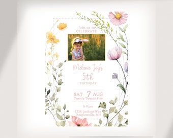 Soft and Feminine Fifth Birthday Wildflower Floral Invitation Template - Instant Download and Print Instructions Included - 5th Birthday