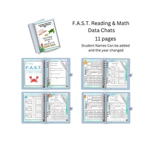 Może przedstawiać: Niebieski i biały segregator z tekstem "F.A.S.T. Reading & Math Data Chats" i "11 pages". Segregator ma morski motyw z obrazkami kraba, ośmiornicy i ryb. Tekst "Student Names Can be added and the year changed" jest również zawarty.