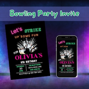 Neon Bowling Party Invitation, downloadable invitations bowling birthday, digital bowling phone invite,  5x7 Invitation, Canva Template