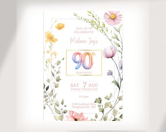 Customizable 90th Birthday Soft and Feminine Wildflower Invitation Template - Edit in Canva - Print Instructions Included - Floral Theme