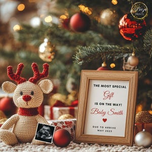 Faire-part de grossesse numérique de Noël, faire-part de bébé renne de décembre, modèle modifiable sans distinction de sexe, révélateur de bébé bohème des médias sociaux