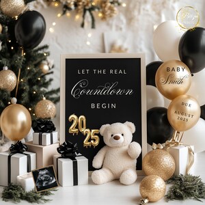 Anuncio de embarazo de año nuevo, anuncio de bebé digital, revelación de bebé personalizable y editable, plantilla moderna 2025, descarga instantánea de bebé
