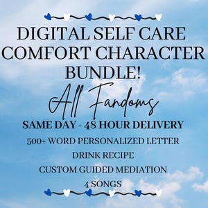 Pacote digital de autocuidado com personagem de conforto (carta com mais de 500 palavras, receita de bebida, meditação guiada personalizada, 4 músicas) Entrega no mesmo dia - 48 horas