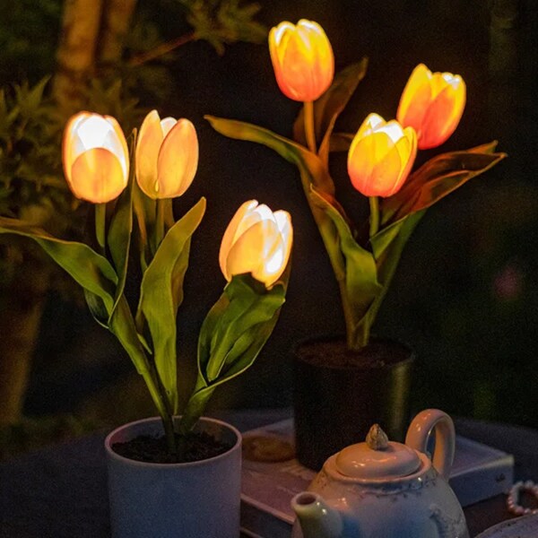 LED Glowing Artificial Tulip Flower Bouquet - 10/15 Heads 13inch Home/Office/Garden Decor Fake Flowers with Lights Battery