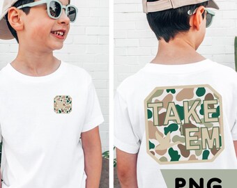 Kids Duck tshirt design Duck Hunting PNG Mallard  Retro Camo Kids shirt design Take 'em Graphic for boys hunting shirt design camo mallard
