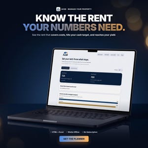 Puede incluir: Un portátil que muestra la interfaz de gestión de propiedades AvsB con el texto KNOW THE RENT YOUR NUMBERS NEED. La pantalla muestra comparaciones de planes de alquiler, datos financieros y gráficos. Debajo hay un botón GET THE PLANNER.