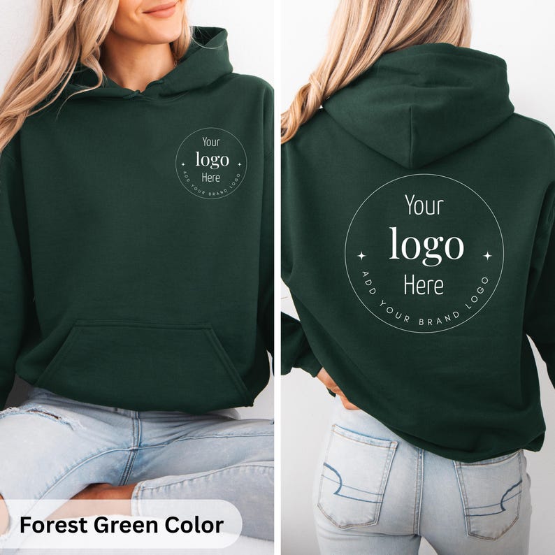 May include: Forest green hoodie with a front pocket and a hood. The front and back of the hoodie feature a white circular logo design with the text "Your logo Here". The bottom of the image has the text "Forest Green Color".