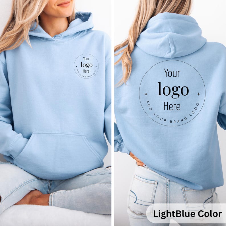 May include: Light blue hoodie with a front pocket and a hood. The front of the hoodie has a circular logo design that says "Your logo Here". The back of the hoodie has the same logo design. The text "LightBlue Color" is at the bottom.