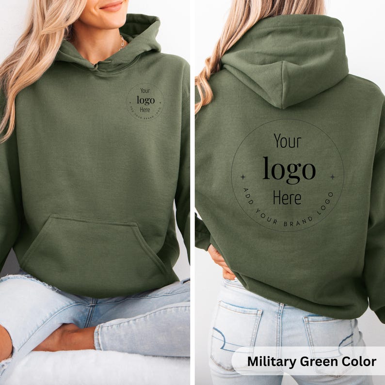 May include: Military green hoodie with a front pocket and hood. The front of the hoodie has a small logo, and the back features a larger logo design with the text "Your logo Here". The bottom of the image has the text "Military Green Color".