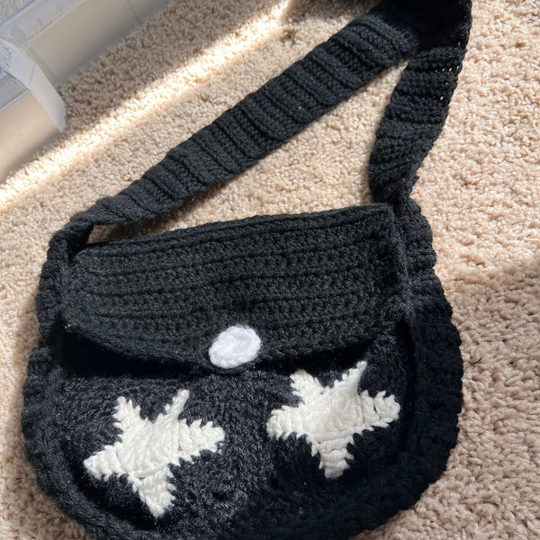 Midnight Star Messenger Bag - Black Star Crochet Messenger Bag - Halloween Costume Accessory - School Book Bag - Handmade Crossbody Purse