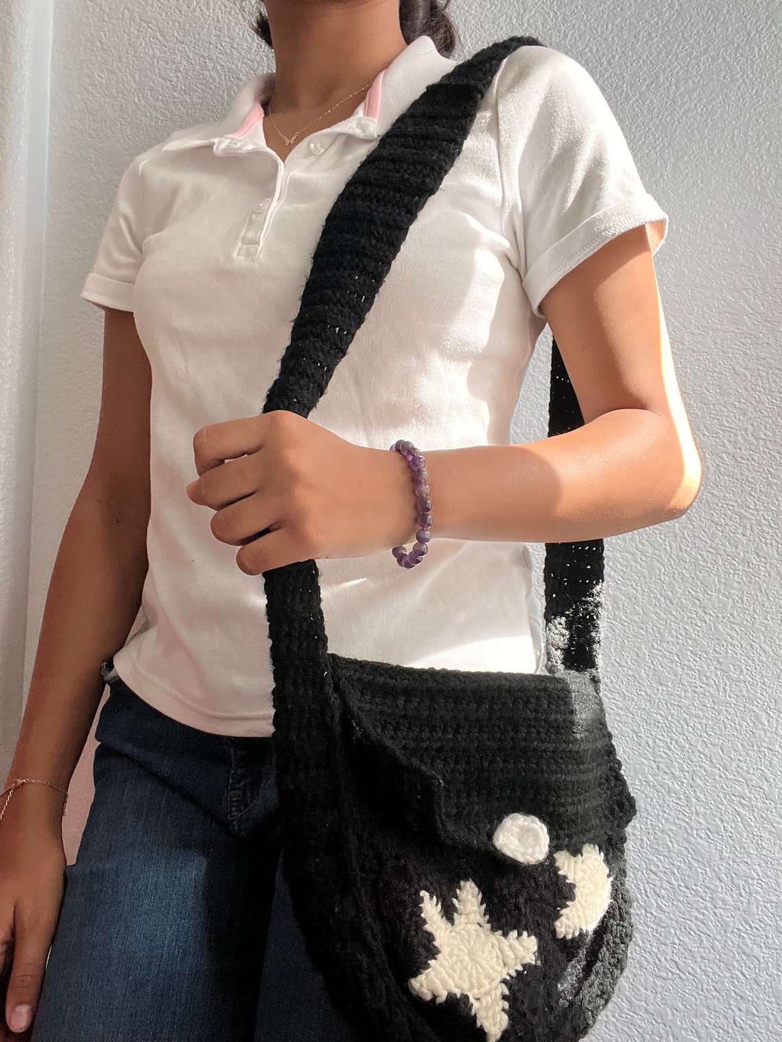 Midnight Star Messenger Bag Black Star Crochet Messenger Bag Etsy