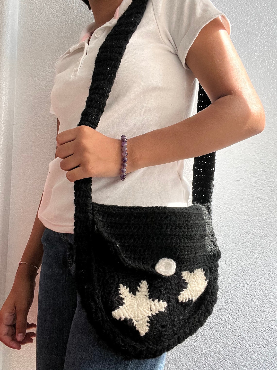 Midnight Star Messenger Bag Black Star Crochet Messenger Bag Etsy