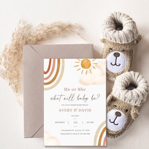 Modèle d&#39;Invitation de fête Boho Gender Reveal Faire-part de révélation de genre modifiable Invitation de révélation de genre imprimable Téléchargement immédiat