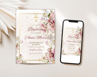 Girl Christening Invite Baptism Invitation Template Floral Baptism Invite Instant Download Editable Printable Girl Baptism Invitation