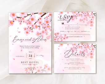 Plantilla de invitación de boda floral Invitación de boda japonesa Suite de invitación de boda editable Invitación de boda de flor de cerezo Invitación de flor