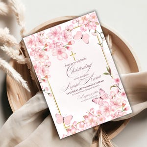 Doop meisje bloemen uitnodigen Instant Download kersenbloesem doop uitnodiging sjabloon vlinder doop uitnodiging Sakura doop