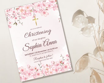 Cherry Blossom Baptism Invitation Template Girls Baptism Editable Girl Christening Invite Printable Floral Baptism Invite Instant Download