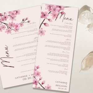 Modello per menu di nozze con fiori di ciliegio Menu di nozze modificabile Download immediato Scheda menu stampabile Scheda menu festa Menu modificabile
