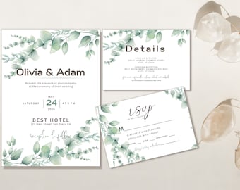 Eucalyptus Wedding Invitation Template Editable Wedding Invitation Suite Greenery Wedding Invite Wedding Invitation Instant Download