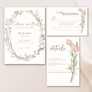 Wildflower Wedding Invitation Template Blossom Invitation Set Editable Floral Wedding Invitation Suite Boho Wedding Invite Instant Download