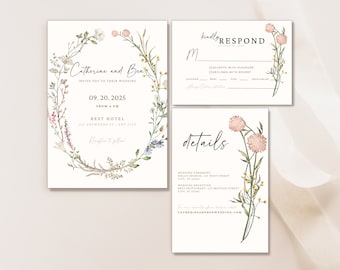 Plantilla de invitación de boda de flores silvestres Conjunto de invitación de flor Conjunto de invitación de boda floral editable Suite Boho Invitación de boda Descarga instantánea