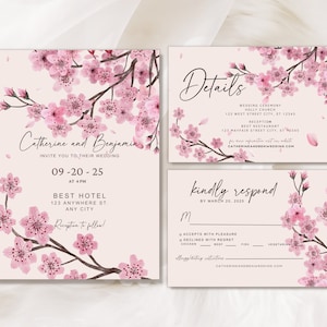 Plantilla de invitación de conjunto de bodas de flor de cerezo - Suite de invitación de boda floral editable, paquete de invitación de boda de descarga instantánea