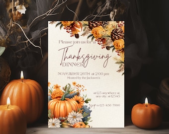 Thanksgiving-diner uitnodigen Laten we een bedankje geven Uitnodigingssjabloon Afdrukbare bonus Thanksgiving-menu Instant Download Thanksgiving Evite