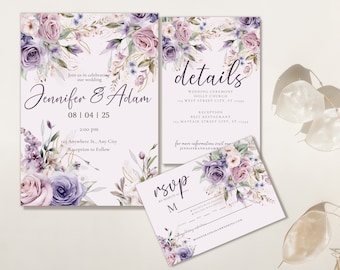 Plantilla de invitación de boda con flores descargable, paquete de invitaciones de boda florales editables, descarga instantánea