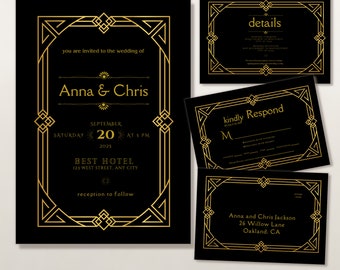 Plantilla de invitación de boda Art Déco. Suite de invitación de boda Art Nouveau. Descarga instantánea. Invitación de boda del Gran Gatsby. Invitación editable.