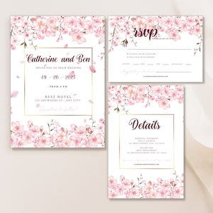 Modèle de faire-part de mariage floral, lot de fleurs de cerisier, faire-part de mariage modifiable, suite d'invitations de mariage Sakura, mariage japonais