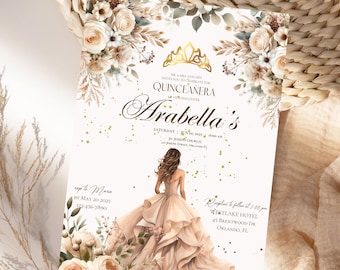 Floral Quinceanera Invitation Bundle Neutral Floral Quinceanera Invitation Set Template Editable Quinceanera Signage Sweet Sixteen Invite
