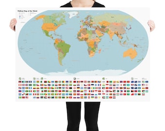 Political World Map | Flags and Sub-Regions | Poster