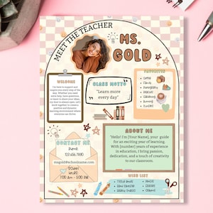 Conozca al maestro / Tema Retro Groovy PINK / Folleto de plantilla para maestros / Carta de recursos para maestros / Boletín de regreso a la escuela / Decoración del aula